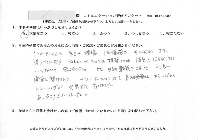 S総合病院様看護師 コミュニケーション研修のご感想 ３ 接遇研修のラ ポール